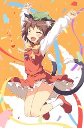 Rule 34 | 1girl, :d, \o/, ^ ^, animal ears, arms up, blush, bow, brown hair, cat ears, cat girl, cat tail, chen, closed eyes, confetti, dress, earrings, closed eyes, female focus, hat, jewelry, jumping, md5 mismatch, multiple tails, open mouth, outstretched arms, panties, pantyshot, short hair, smile, solo, tail, touhou, underwear, white panties, yamasan