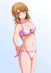 Rule 34 | 1girl, bow, bow bra, bow panties, bra, breasts, brown hair, cleavage, closed mouth, collarbone, commentary request, gradient background, highres, isshiki iroha, konoyan, medium breasts, medium hair, navel, panties, pink bra, pink panties, solo, standing, underwear, underwear only, white background, yahari ore no seishun lovecome wa machigatteiru., yellow eyes