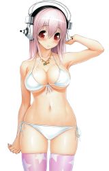 Rule 34 | 1girl, absurdres, bikini, blush, breasts, cleavage, front-tie top, headphones, highres, jewelry, large breasts, long hair, navel, necklace, nitroplus, pink hair, pink thighhighs, red eyes, shiny skin, side-tie bikini bottom, simple background, skindentation, solo, star (symbol), star print, strap gap, super sonico, swimsuit, thighhighs, tsuji santa, white background, white bikini