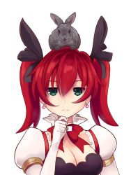 Rule 34 | 10s, 1girl, animal, blush, bow, breasts, cave (neptunia), cleavage, earrings, gloves, green eyes, hair ornament, highres, jewelry, looking at viewer, medium breasts, neptune (series), rabbit, red hair, short hair, solo, transparent background, twintails