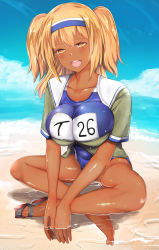 Rule 34 | 10s, 1girl, beach, blush, breasts, competition swimsuit, crossed legs, dark-skinned female, dark skin, day, hair ornament, hairband, highres, i-26 (kancolle), jacket, kantai collection, large breasts, name tag, ocean, one-piece swimsuit, orange eyes, orange hair, sandals, unworn sandals, school swimsuit, shiny skin, sitting, smile, solo, swimsuit, swimsuit under clothes, tan, two-tone hairband, two side up, untue