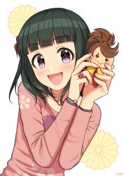 Rule 34 | 1girl, black hair, blunt bangs, blush, bracelet, commentary, hands up, highres, holding, holding stuffed toy, idolmaster, idolmaster cinderella girls, jewelry, long sleeves, looking at viewer, necklace, niwa hitomi, open mouth, pink shirt, print shirt, purple eyes, ring, shirt, short hair, simple background, smile, solo, stuffed toy, upper body, wgm oekaki, white background