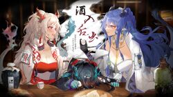 Rule 34 | 3girls, :d, arknights, black hair, blue eyes, blue hair, blush, breasts, collarbone, commentary request, dragon girl, dragon horns, dragon tail, dress, dusk (arknights), grey hair, holding, horns, indoors, jacket, kyushi (user 41158199), ling (arknights), long hair, long sleeves, medium breasts, multicolored hair, multiple girls, nian (arknights), open clothes, open jacket, open mouth, pointy ears, red eyes, red hair, smile, streaked hair, table, tail, translation request, very long hair, white dress, white jacket, wide sleeves