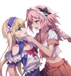 Rule 34 | 2boys, androgynous, astolfo (fate), astolfo (sailor paladin) (fate), blouse, braid, breasts, chevalier d&#039;eon (fate), cleavage, cleavage cutout, clothing cutout, fate/grand order, fate (series), hair intakes, hair ribbon, hand on another&#039;s chin, maid, maid headdress, multiple boys, official alternate costume, open mouth, pink hair, purple eyes, ribbon, school uniform, serafuku, shirt, shoulder cutout, simple background, single braid, small breasts, smile, trap, tsuezu, white background, white shirt, yaoi