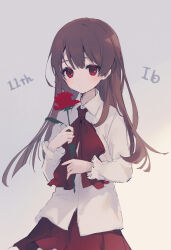 Rule 34 | 1girl, absurdres, bow, brown hair, character name, closed mouth, collared shirt, commentary request, copyright name, dress shirt, eyebrows hidden by hair, flower, grey background, highres, holding, holding flower, ib (ib), ib (kouri), long hair, long sleeves, looking at viewer, pleated skirt, red bow, red eyes, red flower, red rose, red skirt, rose, shirt, skirt, solo, suzumori uina, very long hair, white shirt