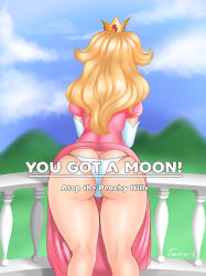 Rule 34 | 1girl, artist name, ass, ass focus, back, bad id, bad tumblr id, balcony, blonde hair, blue sky, blurry, blurry background, clothes lift, cloud, crown, dress, dress lift, elbow gloves, english text, female focus, from behind, gloves, highres, kneepits, long hair, mario (series), mountain, nintendo, outdoors, panties, pink dress, princess, princess peach, puffy short sleeves, puffy sleeves, railing, short sleeves, skindentation, sky, solo, super mario odyssey, thighs, timeless-t, underwear, white gloves, white panties