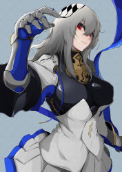Rule 34 | 1girl, absurdres, ameneshi, azur lane, bad id, bad pixiv id, bodysuit, bodysuit under clothes, breasts, dress, gauntlets, grey background, hair between eyes, hair ornament, highres, long hair, looking at viewer, medium breasts, outstretched hand, red eyes, saint-louis (azur lane), sash, silver hair, simple background, skirt, solo, turtleneck, upper body