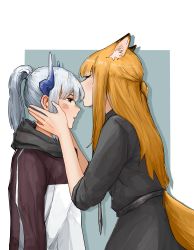Rule 34 | 2girls, absurdres, animal ear fluff, animal ears, arknights, auxinouskii, black neckwear, brown eyes, commentary, dragon horns, english commentary, kissing forehead, fox ears, fox girl, fox tail, franka (arknights), grey background, grey scarf, hands on another&#039;s face, highres, horns, kiss, kissing forehead, light blush, liskarm (arknights), long hair, multiple girls, necktie, orange hair, ponytail, scarf, shadow, sidelocks, silver hair, sweater, tail, tail through clothes, two-tone background, white background, yuri
