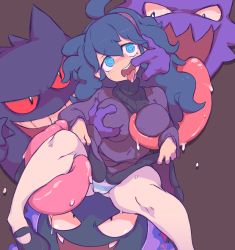 Rule 34 | 1girl, ahoge, alternate breast size, artist name, big hair, black eyes, black footwear, blue eyes, blue hair, blue panties, blush, breasts, brown background, cameltoe, clothes lift, colored sclera, creatures (company), dress, dress lift, drooling, evolutionary line, fangs, female focus, game freak, gastly, gen 1 pokemon, gengar, ghost, grabbing, grabbing another&#039;s breast, hair between eyes, hairband, happy, haunter, hex maniac (pokemon), interspecies, large breasts, lifting own clothes, light blush, long hair, long sleeves, long tongue, looking at another, looking to the side, looking up, nintendo, npc trainer, open mouth, panties, pantyhose, pokemon, pokemon (creature), pokemon xy, pokephilia, purple dress, purple hairband, red sclera, saliva, sharp teeth, shoes, signature, simple background, smile, solo focus, spread legs, starmilk, striped clothes, striped panties, sweat, teeth, tongue, tongue out, turtleneck, underwear, white pantyhose