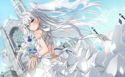 Rule 34 | 1girl, alternate costume, amatsukaze (kancolle), blue sky, bouquet, brown eyes, church, cloud, day, dress, dutch angle, flower, from behind, grey hair, highres, kantai collection, long hair, looking at viewer, looking back, outdoors, sky, solo, takanashi kei (hitsujikan), two side up, wedding dress, white dress