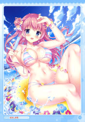 Rule 34 | 1girl, absurdres, bikini, blue eyes, blush, breasts, cleavage, cloud, day, dengeki moeou, flower, food, hair flower, hair ornament, hair ribbon, highres, innertube, kimishima ao, large breasts, long hair, looking at viewer, navel, open mouth, pink hair, popsicle, ribbon, sky, smile, solo, striped bikini, striped clothes, swim ring, swimsuit, v, water