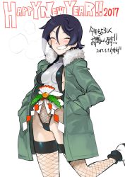 Rule 34 | 1girl, 2017, black hair, blush, breasts, coat, dated, closed eyes, fishnets, green coat, hands in pockets, happy new year, kusada, large breasts, looking at viewer, new year, open mouth, original, short hair, sideboob, smile, solo, teeth, thighhighs