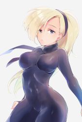 Rule 34 | 1girl, blonde hair, bodysuit, breasts, closed mouth, hairband, highres, kunoichi (live a live), live a live, long hair, looking at viewer, simple background, skin tight, solo, very long hair, white background