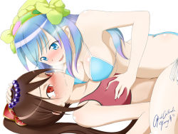 Rule 34 | 2girls, ass, asymmetrical docking, beads, bikini, blue bikini, blue eyes, blue hair, blush, brave frontier, grabbing another&#039;s breast, breast press, breasts, breath, brown hair, butt crack, downpants, eye contact, girl on top, grabbing, hairband, hand on another&#039;s head, kimmy77, large breasts, long hair, looking at another, multiple girls, open mouth, red bikini, red eyes, seria, side-tie bikini bottom, smile, sweat, swimsuit, tears, tilith, wavy mouth, yuri