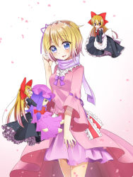 Rule 34 | 3girls, :d, abe suke, alice margatroid, apron, blonde hair, blue eyes, bow, character doll, commentary request, doll, dress, hair bow, hairband, hand up, hat, highres, holding, holding doll, long hair, long sleeves, mob cap, multiple girls, open mouth, patchouli knowledge, petals, pink dress, pink hat, purple hair, purple neckwear, purple scarf, red bow, red neckwear, scarf, shanghai doll, short hair, smile, sparkle, touhou, waist apron, white apron