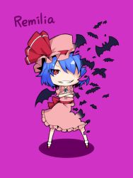 Rule 34 | 1girl, bat (animal), bat wings, blue hair, bow, brooch, chibi, crossed arms, deformed, grin, hat, hat bow, ishimu, jewelry, purple background, red eyes, remilia scarlet, smile, solo, touhou, wings