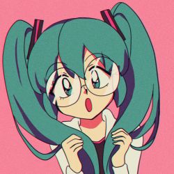 Rule 34 | 1990s (style), :o, akkasayu, blue eyes, blue hair, commentary, english commentary, glasses, hatsune miku, head tilt, highres, holding, holding own hair, long hair, looking at viewer, open mouth, pink background, portrait, retro artstyle, round eyewear, solo, sweater, very long hair, vocaloid, white sweater