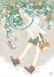 Rule 34 | 1girl, alternate hairstyle, ame (conronca), aqua eyes, aqua hair, bag, blush, braid, rabbit, camellia, daisy, earbuds, earphones, expressionless, flower, from side, hatsune miku, highres, holding, holding bag, hood, hoodie, long hair, looking at viewer, petals, profile, shoes, shorts, solo, twin braids, twintails, vocaloid