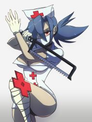 Rule 34 | 1girl, blue hair, bonesaw, breasts, choker, collarbone, gloves, grey background, hair over one eye, half-closed eyes, hat, highres, kyouhei hei, large breasts, latex, latex gloves, leg up, leg wrap, mask, mouth mask, nurse cap, panties, ponytail, red eyes, saw, skullgirls, solo, surgical mask, thick thighs, thighs, underwear, valentine (skullgirls)