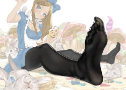 Rule 34 | 1girl, alice (alice in wonderland), alice in wonderland, animal, apron, arm up, black pantyhose, blonde hair, blue eyes, bow, breasts, card, cleavage, cleavage cutout, clock, clothing cutout, club (shape), commentary request, diamond (shape), dress, feet, food, unworn footwear, frown, hair bow, head tilt, heart, holding, holding food, long hair, looking at viewer, medium breasts, mushroom, no shoes, pantyhose, parted bangs, perspective, playing card, rabbit, shoes, unworn shoes, sitting, soles, solo, spade (shape), toes, yomu (sgt epper)