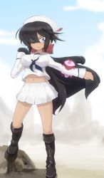 Rule 34 | 1girl, artist self-insert, black coat, black footwear, black hair, black neckerchief, blouse, blue eyes, blue sky, boots, bow, breasts, closed mouth, cloud, cloudy sky, coat, commentary, dark-skinned female, dark skin, day, dixie cup hat, eyes visible through hair, foot up, girls und panzer, hair bow, hair over one eye, hat, hat feather, highres, holding, holding clothes, holding jacket, jacket, jacket over shoulder, jinguu (4839ms), long hair, long sleeves, looking at another, looking at viewer, medium breasts, midriff, military hat, miniskirt, navel, neckerchief, ogin (girls und panzer), ooarai naval school uniform, outdoors, pleated skirt, ponytail, rabbit, red bow, rock, sailor, sailor collar, school uniform, shirt, skirt, sky, solo, standing, unworn jacket, white hat, white shirt, white skirt, wind