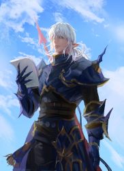 Rule 34 | 1boy, armor, belt, blue armor, blue eyes, breastplate, cloud, cowboy shot, dragoon (final fantasy), elezen, elf, estinien varlineau, final fantasy, final fantasy xiv, from below, gauntlets, hand up, highres, holding, holding paper, lance, long hair, looking back, low ponytail, male focus, melvinfeat, paper, pauldrons, pointy ears, polearm, shoulder armor, sky, smile, solo, spikes, standing, weapon, weapon on back, white hair