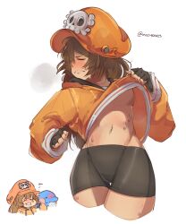 Rule 34 | 1girl, absurdres, bike shorts, black gloves, blush, breasts, brown hair, chibi, chibi inset, closed eyes, closed mouth, clothes lift, dolphin, fingerless gloves, gloves, guilty gear, highres, hood, hoodie, jacket, lifted by self, may (guilty gear), medium hair, mil17459623, mr. dolphin (guilty gear), navel, orange headwear, orange hoodie, orange jacket, simple background, skull and crossbones, small breasts, stomach, sweat, sweater, sweater lift, underboob, white background