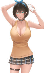 Rule 34 | 1girl, alternate breast size, aqua eyes, arm behind head, armpits, arms up, bad id, bad pixiv id, blue hairband, blush, bow hairband, bracelet, breasts, brown hair, cellphone, chain, cleavage, collar, collarbone, commentary request, cowboy shot, earrings, hair between eyes, hairband, highres, holding, holding phone, huge breasts, iphone, jewelry, kanojo okarishimasu, looking at viewer, miniskirt, nail polish, phone, plaid, plaid skirt, revision, rifu (643763873), sarashina ruka, scoop neck, short hair, simple background, skindentation, skirt, sleeveless, smartphone, solo, sweater, sweater vest, thigh strap, thighs, v-neck, white background, yellow sweater
