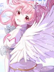 Rule 34 | 1girl, aoitenziku, bow, bowtie, cloud, cloudy sky, commentary, dress, feathers, hair ornament, heart, heart hair ornament, highres, long hair, momoi airi, pink eyes, pink hair, project sekai, sky, smile, todoke! hopeful stage (project sekai), white dress, white feathers, white wings, wings