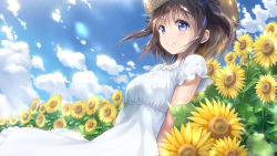 Rule 34 | 1girl, blue eyes, blue ribbon, blush, breasts, brown hair, closed mouth, day, dress, field, flower, flower field, from below, from side, glowing, hair ribbon, highres, large breasts, looking at viewer, original, outdoors, remiina (reming185), ribbon, short hair, smile, solo, sunflower, sunflower field, white dress