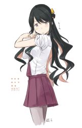 Rule 34 | 10s, 1girl, artist name, black hair, character name, cowboy shot, dated, hair ribbon, kantai collection, kawashina (momen silicon), long hair, miniskirt, multicolored eyes, multicolored hair, naganami (kancolle), pantyhose, pink hair, pleated skirt, purple eyes, ribbon, school uniform, simple background, skirt, sleeves rolled up, solo, white background, yellow eyes