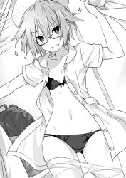 Rule 34 | 10s, 1girl, black bra, black panties, bra, breasts, cleavage, collarbone, cowboy shot, date a live, dress shirt, glasses, greyscale, groin, hair between eyes, hat, highres, honjou nia, looking at viewer, monochrome, navel, novel illustration, official art, open mouth, panties, panty pull, shirt, short hair, short sleeves, small breasts, solo, standing, stomach, tsunako, underwear, white shirt