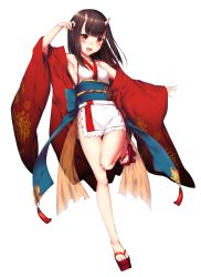 Rule 34 | 1girl, :d, blush, breasts, brown hair, horns, japanese clothes, kimono, long hair, looking at viewer, obi, oni, oni horns, open mouth, original, red eyes, sash, short kimono, simple background, small breasts, smile, solo, white background, yomono