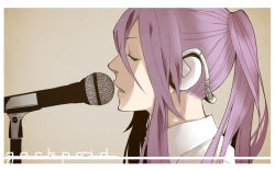 Rule 34 | 1boy, character name, close-up, closed eyes, cobalt37564, grey background, headphones, kamui gakupo, long hair, male focus, microphone, open mouth, ponytail, profile, purple hair, shaded face, simple background, solo, upper body, very long hair, vocaloid