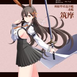 Rule 34 | 1girl, absurdres, animal ears, azur lane, black hair, braid, breasts, brown eyes, chikuma (azur lane), commentary request, dated, from side, hair between eyes, hebitsukai-san, highres, holding, holding sword, holding weapon, katana, long hair, long sleeves, looking at viewer, looking to the side, necktie, pleated skirt, pointing, pointing at self, rabbit ears, sideboob, sidelocks, simple background, single braid, skirt, smile, solo, sword, translation request, walking, weapon