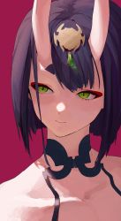 Rule 34 | 1girl, bare shoulders, bob cut, collarbone, eyeliner, fate/grand order, fate (series), green eyes, headpiece, highres, horns, makeup, oni, portrait, purple hair, red background, short eyebrows, short hair, shuten douji (fate), simple background, skin-covered horns, solo, taino kou