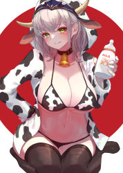 Rule 34 | 1girl, absurdres, animal ears, animal print, bell, bikini, black thighhighs, breasts, closed mouth, collar, collarbone, cow ears, cow hood, cow horns, cow print, green eyes, highres, hololive, horns, large breasts, looking at viewer, milk, mole, mole on breast, navel, neck bell, red collar, roco (rocoroco1115), shirogane noel, short hair, silver hair, sitting, smile, solo, swimsuit, thighhighs, virtual youtuber, wariza