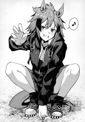 Rule 34 | 1girl, absurdres, animal ears, bandaid, bandaid on face, claw pose, collared shirt, full body, greyscale, grin, highres, hood, hood down, hooded jacket, horse ears, horse girl, horse tail, jacket, long sleeves, looking at viewer, loose socks, medium hair, monochrome, musical note, necktie, reon (dainagon azuki), shinko windy (umamusume), shirt, shoes, smile, sneakers, socks, solo, spoken musical note, squatting, tail, umamusume, v-shaped eyebrows