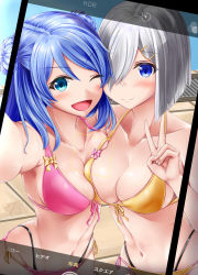 Rule 34 | 2girls, absurdres, alternate costume, ayakase hotaru, bare shoulders, bikini, blue eyes, blue hair, blush, bow, breasts, cellphone, closed mouth, collarbone, commentary request, double bun, eyes visible through hair, front-tie top, hair between eyes, hair bun, hair ornament, hair over one eye, hairclip, hamakaze (kancolle), highres, holding, holding phone, kantai collection, large breasts, looking at viewer, multiple girls, navel, one eye closed, open mouth, outdoors, phone, pool, poolside, short hair, side-tie bikini bottom, signature, silver hair, smartphone, smile, standing, swimsuit, taking picture, upper body, urakaze (kancolle), v, water