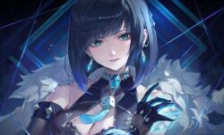 Rule 34 | 1girl, absurdres, bead necklace, beads, black gloves, black hair, blue gemstone, breasts, cleavage, coat, cowlick, diagonal bangs, earrings, fur-trimmed coat, fur trim, gem, genshin impact, gloves, gradient background, green eyes, highres, holding dice, jewelry, looking at viewer, medium breasts, mole, mole on breast, multicolored hair, necklace, short hair, smile, solo, streaked hair, watao, white fur, yelan (genshin impact)