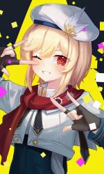 Rule 34 | 1girl, absurdres, beret, black neckerchief, blonde hair, blue jumpsuit, blush, breasts, capelet, commentary request, double m/, fingerless gloves, girls&#039; frontline, girls&#039; frontline 2: exilium, gloves, hair between eyes, hand up, hat, hat feather, highres, jumpsuit, long sleeves, looking at viewer, m/, medium hair, nagant revolver (girls&#039; frontline), neckerchief, one eye closed, open mouth, red eyes, red scarf, scarf, shenqi xiaohuang, sidelocks, small breasts, smile, solo, sparkling eyes, two-tone jumpsuit, upper body, white capelet, white hat