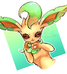 Rule 34 | :3, animal focus, aqua background, artist name, blush, border, brown eyes, brown sclera, claws, colored sclera, creatures (company), cropped torso, from above, game freak, gen 4 pokemon, gradient background, hands up, happy, ka ei volltis, leaf, leafeon, light blush, looking at viewer, lying, nintendo, no humans, on back, open mouth, outline, outside border, pawpads, pokemon, pokemon (creature), signature, simple background, sketch, smile, solo, straight-on, twitter username, upper body, white border, white outline