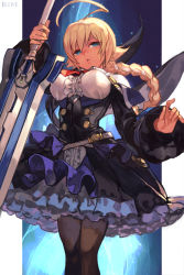 Rule 34 | 1girl, ahoge, belt, black leggings, blazblue, blazblue: central fiction, blonde hair, blue eyes, braid, breasts, buttons, center frills, english text, es (xblaze), expressionless, frilled skirt, frills, hair between eyes, holding, holding sword, holding weapon, huge ahoge, huge weapon, hungry clicker, large breasts, leggings, long hair, necktie, pantyhose, parted lips, red necktie, skirt, solo, sword, underbust, weapon, wide sleeves, xblaze