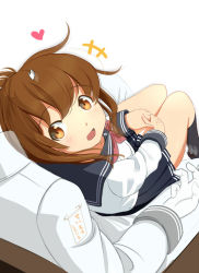 Rule 34 | 10s, 1boy, 1girl, admiral (kancolle), akame (akamiru), bad id, bad pixiv id, blush, brown eyes, brown hair, cursor, folded ponytail, gloves, hair ornament, headpat, heart, inazuma (kancolle), kantai collection, looking at another, looking back, looking up, nanodesu (phrase), open mouth, own hands clasped, own hands together, safety pin, school uniform, serafuku, short hair, simple background, sitting, sitting on lap, sitting on person, skirt, smile, white background
