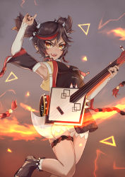 Rule 34 | 1girl, :d, arm up, armpits, black hair, breasts, chinese clothes, cleavage, commentary request, dark-skinned female, dark skin, detached sleeves, eyeshadow, fire, genshin impact, guitar, hair between eyes, highres, holding, holding instrument, instrument, long hair, looking at viewer, makeup, multicolored hair, music, open mouth, orange eyes, playing instrument, shika (user maag8288), sidelocks, smile, solo, standing, standing on one leg, streaked hair, twintails, xinyan (genshin impact)