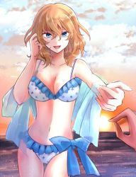 Rule 34 | 2girls, andou (girls und panzer), bikini, blonde hair, blue eyes, blue sky, breasts, cleavage, cloud, cloudy sky, commentary request, dark-skinned female, dark skin, frilled bikini, frills, girls und panzer, gradient sky, hand in own hair, highres, horizon, large breasts, looking at viewer, medium hair, messy hair, mimoe, multiple girls, navel, ocean, open mouth, orange sky, oshida (girls und panzer), out of frame, outdoors, outstretched hand, pov, print bikini, shawl, sky, smile, standing, sun, sunset, swimsuit, thigh gap, white bikini