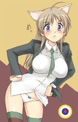 Rule 34 | 1girl, :&lt;, aged up, ahoge, alternate hairstyle, animal ears, blue eyes, blush, breasts, brown hair, hands on own hips, large breasts, long hair, lynette bishop, mirutsu (milts), necktie, panties, solo, strike witches, striped clothes, striped thighhighs, thighhighs, underwear, white panties, world witches series