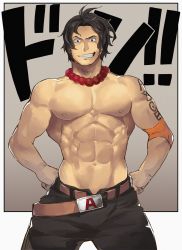 Rule 34 | 8 (yamalu), abs, bara, black hair, freckles, highres, jewelry, looking at viewer, male focus, muscular, necklace, one piece, pectorals, topless male, smile, solo, tattoo