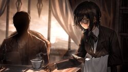 Rule 34 | 1boy, 1girl, bookshelf, brown coat, brown hair, butler, closed eyes, coat, collared shirt, cup, curtains, dark-skinned female, dark skin, earrings, female butler, game cg, highres, holding, holding cup, jewelry, limbus company, monocle, multiple earrings, nai ga, neck ribbon, official art, outis (project moon), project moon, quill, ribbon, shaded face, shirt, short hair, solo focus, teacup, towel, white shirt