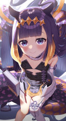 Rule 34 | 1girl, absurdres, black dress, blush, book, closed mouth, dress, flat chest, floating, floating book, floating object, gradient hair, highres, hololive, hololive english, long hair, looking at viewer, low wings, multicolored hair, ninomae ina&#039;nis, purple eyes, purple hair, single thighhigh, sitting on tentacle, smile, solo, taiga (ryukyu-6102-8), tentacle hair, tentacles, thighhighs, very long hair, virtual youtuber, white thighhighs, wings